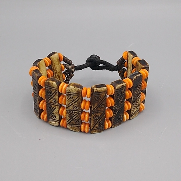 Handmade Engraved Wood & Bead Wide Cuff Bracelet with Black Cord Button Closure - Picture 1 of 12